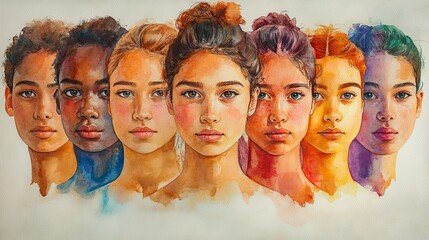 A diverse group of students is depicted in a watercolor portrait, advocating for human rights and LGBTQ+ awareness