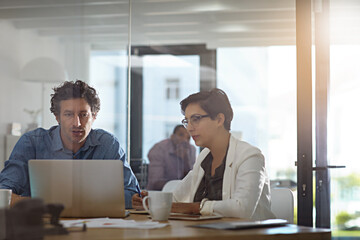 Poster - Teamwork, laptop and review with business people in office for research, planning and consulting. Project management, collaboration and advice with employees in agency for feedback, online and update