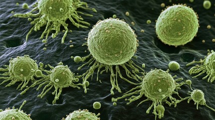 Poster - Close-Up View of Microscopic Green Cell Structures with Filaments