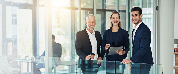 Leinwandbilder - Portrait, tablet and business people in office, teamwork and confidence with banner, smile and cooperation. Face, group and employees in workplace, internet and stock market with financial consulting