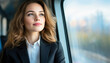 © Dusit - A businesswoman in stylish pantsuit gazes thoughtfully out train window, with cityscape visible in background
