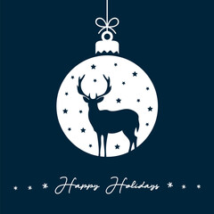 Wall Mural - blue christmas greeting card with hanging ball decoration with deer vector illustration