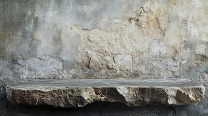 Poster - Rustic stone tabletop with subtle cracks, framed by an aged concrete wall backdrop, offering a perfect surface for creative montages.