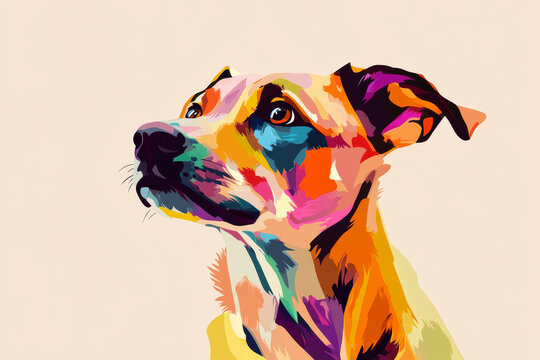 Dog illustration, bold colors, graphic design, stylized animal portrait, unique art style on a light background, emphasis on features and colors.