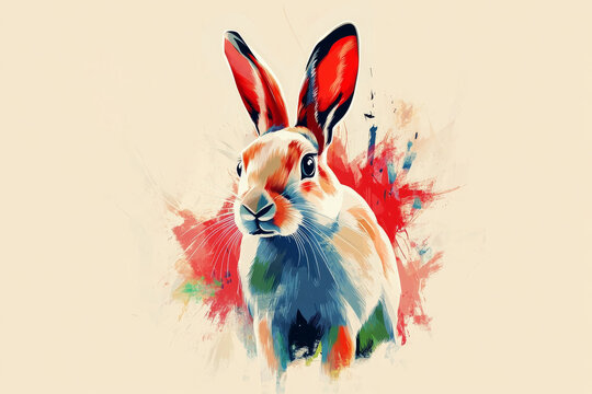 Rabbit illustration, bold colors, graphic design, stylized animal portrait, unique art style on a light background, emphasis on features and colors.
