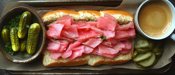 Poster - A sandwich filled with pink meat, accompanied by pickles and a cup of coffee.