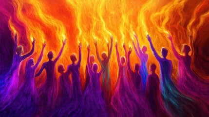 Poster - Vibrant digital painting of tongues of fire descending on diverse people, symbolizing unity and the Holy Spirit's presence at Pentecost.