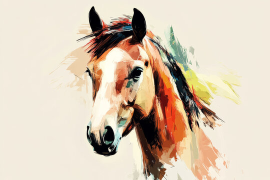 Horse illustration, bold colors, graphic design, stylized animal portrait, unique art style on a light background, emphasis on features and colors.