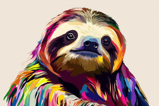 Sloth illustration, bold colors, graphic design, stylized animal portrait, unique art style on a light background, emphasis on features and colors.