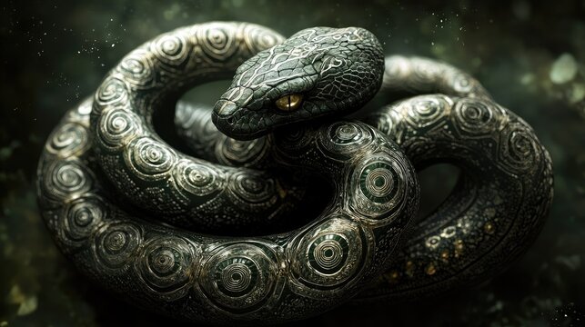 A coiled zodiac snake with patterns that reflect ancient traditions, embodying elegance and mystical qualities