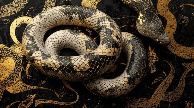 A coiled zodiac snake with patterns that reflect ancient traditions, embodying elegance and mystical qualities