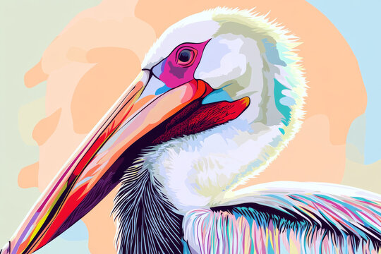 Pelican illustration, bold colors, graphic design, stylized animal portrait, unique art style on a light background, emphasis on features and colors.