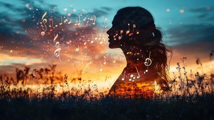 Poster - Urban nightscape captivating singer's silhouette in dreamy double exposure art