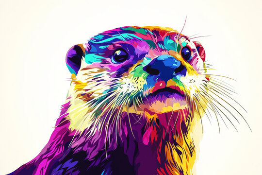 Otter illustration, bold colors, graphic design, stylized animal portrait, unique art style on a light background, emphasis on features and colors.