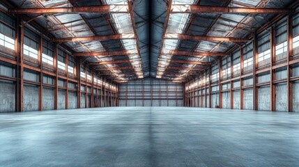 Poster - A dramatic perspective of an empty warehouse featuring exposed beams and an echoing silence, ideal for illustrating concepts of space and potential