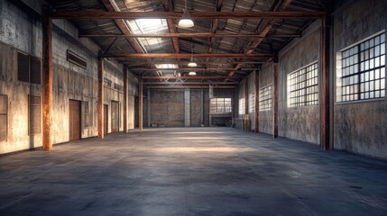 Poster - A dramatic perspective of an empty warehouse featuring exposed beams and an echoing silence, ideal for illustrating concepts of space and potential 