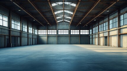 Poster - A dramatic perspective of an empty warehouse featuring exposed beams and an echoing silence, ideal for illustrating concepts of space and potential 