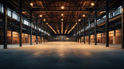 Poster - A dramatic perspective of an empty warehouse featuring exposed beams and an echoing silence, ideal for illustrating concepts of space and potential 