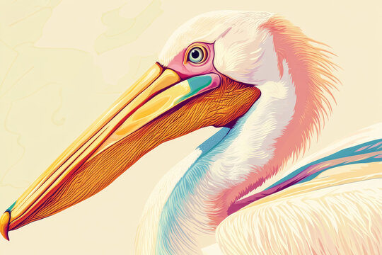 Pelican illustration, bold colors, graphic design, stylized animal portrait, unique art style on a light background, emphasis on features and colors.