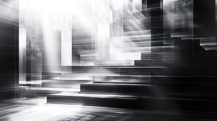 Poster - Abstract black and white depiction of illuminated stairs, creating a mystical and ethereal mood.