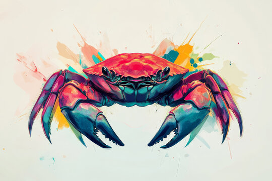 Crab illustration, bold colors, graphic design, stylized animal portrait, unique art style on a light background, emphasis on features and colors.