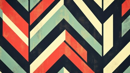 Poster - Abstract geometric pattern featuring bold chevron stripes in red, blue, cream, and black.