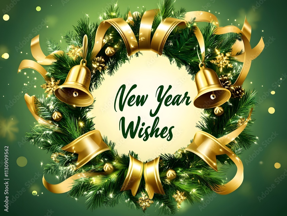 Festive Green New Year Wishes Decorative Wreath with Golden Bells and ...