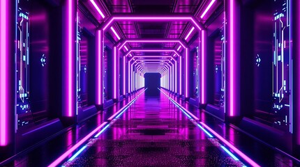 Poster - Abstract Modern Tunnel with Bright Glowing Neon Lights