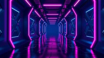 Poster - Abstract Modern Tunnel with Bright Glowing Neon Lights