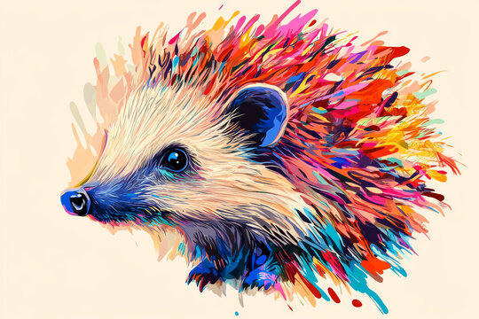 Hedgehog illustration, bold colors, graphic design, stylized animal portrait, unique art style on a light background, emphasis on features and colors.