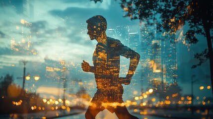 Poster - Dynamic runner's impact double exposure in a stunning urban environment fusion