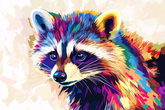 Raccoon illustration, bold colors, graphic design, stylized animal portrait, unique art style on a light background, emphasis on features and colors.
