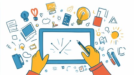 Poster - Hands using tablet, brainstorming ideas.