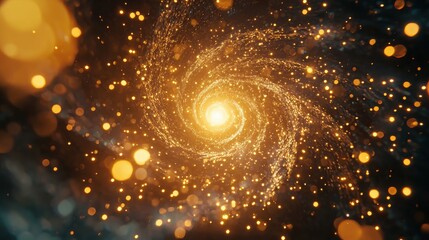 Poster - Dynamic cosmic event particles spiraling toward a glowing center in the universe
