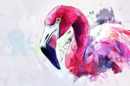 Flamingo illustration, bold colors, graphic design, stylized animal portrait, unique art style on a light background, emphasis on features and colors.