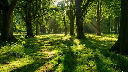 Wall Mural - Beautiful sunlit forest scene in Knole Park, England during summer with warm, glowing sunlight passing through the trees.