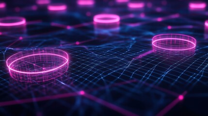 Poster - Abstract digital data representation with glowing pink circles and interconnected lines on a dark background.