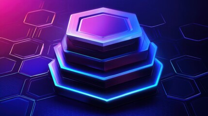 Poster - Abstract digital platform with hexagonal layers illuminated in purple and blue tones, creating a futuristic atmosphere.