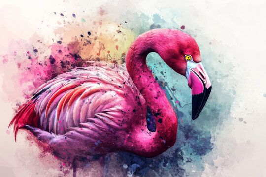 Flamingo illustration, bold colors, graphic design, stylized animal portrait, unique art style on a light background, emphasis on features and colors.