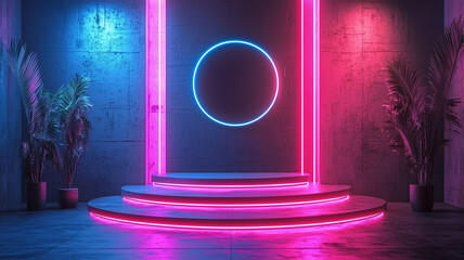 Poster - Dynamic neon portal futuristic studio digital art urban environment high angle view ai generated concepts for creative spaces