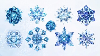 Poster - A beautiful collection of delicate blue snowflakes, showcasing intricate designs and patterns on a soft white background.