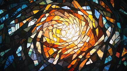 Poster - Vibrant stained glass artwork showcasing a swirling pattern of colors with warm golden and cool blue tones.