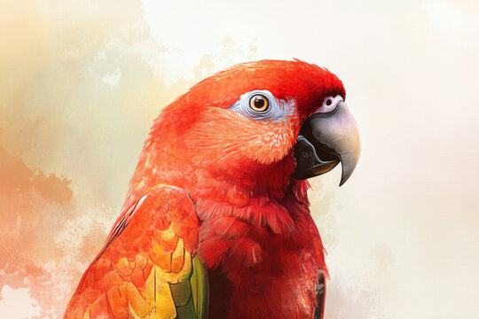Parrot illustration, bold colors, graphic design, stylized animal portrait, unique art style on a light background, emphasis on features and colors.