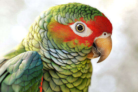 Parrot illustration, bold colors, graphic design, stylized animal portrait, unique art style on a light background, emphasis on features and colors.