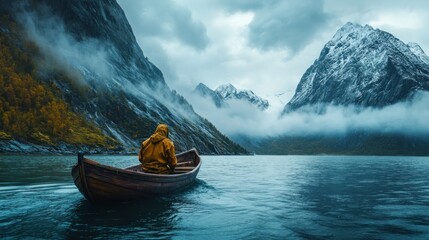 Sticker - Solitary Rowboat Journey Through Misty Mountains