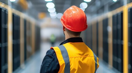 Wall Mural - Battery storage solutions in a modern industrial setting being maintained by technicians