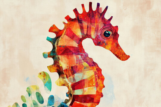 Seahorse illustration, bold colors, graphic design, stylized animal portrait, unique art style on a light background, emphasis on features and colors.