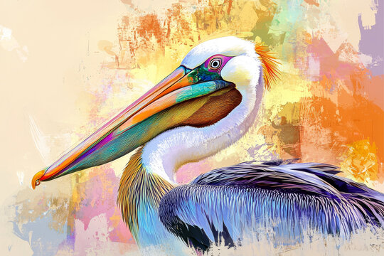 Pelican illustration, bold colors, graphic design, stylized animal portrait, unique art style on a light background, emphasis on features and colors.
