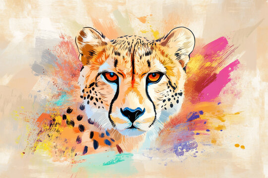 Cheetah illustration, bold colors, graphic design, stylized animal portrait, unique art style on a light background, emphasis on features and colors.