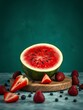 © kengkreingkrai - there is a watermelon cut in half and some strawberries on a cutting board.